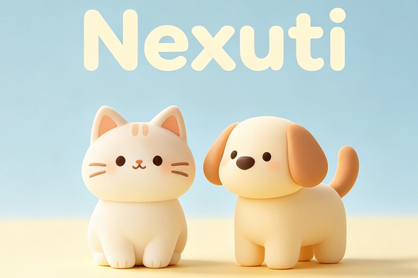 Two cute animal figurines, a cat and a dog, with the brand 'Nexuti' displayed on a light blue background.